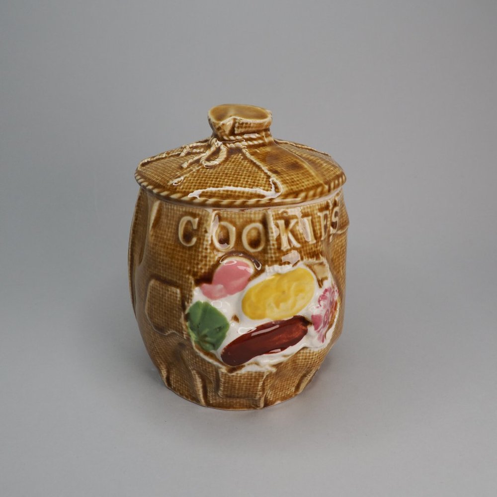 VTG burlap sac porcelain cookie jar made in Japan